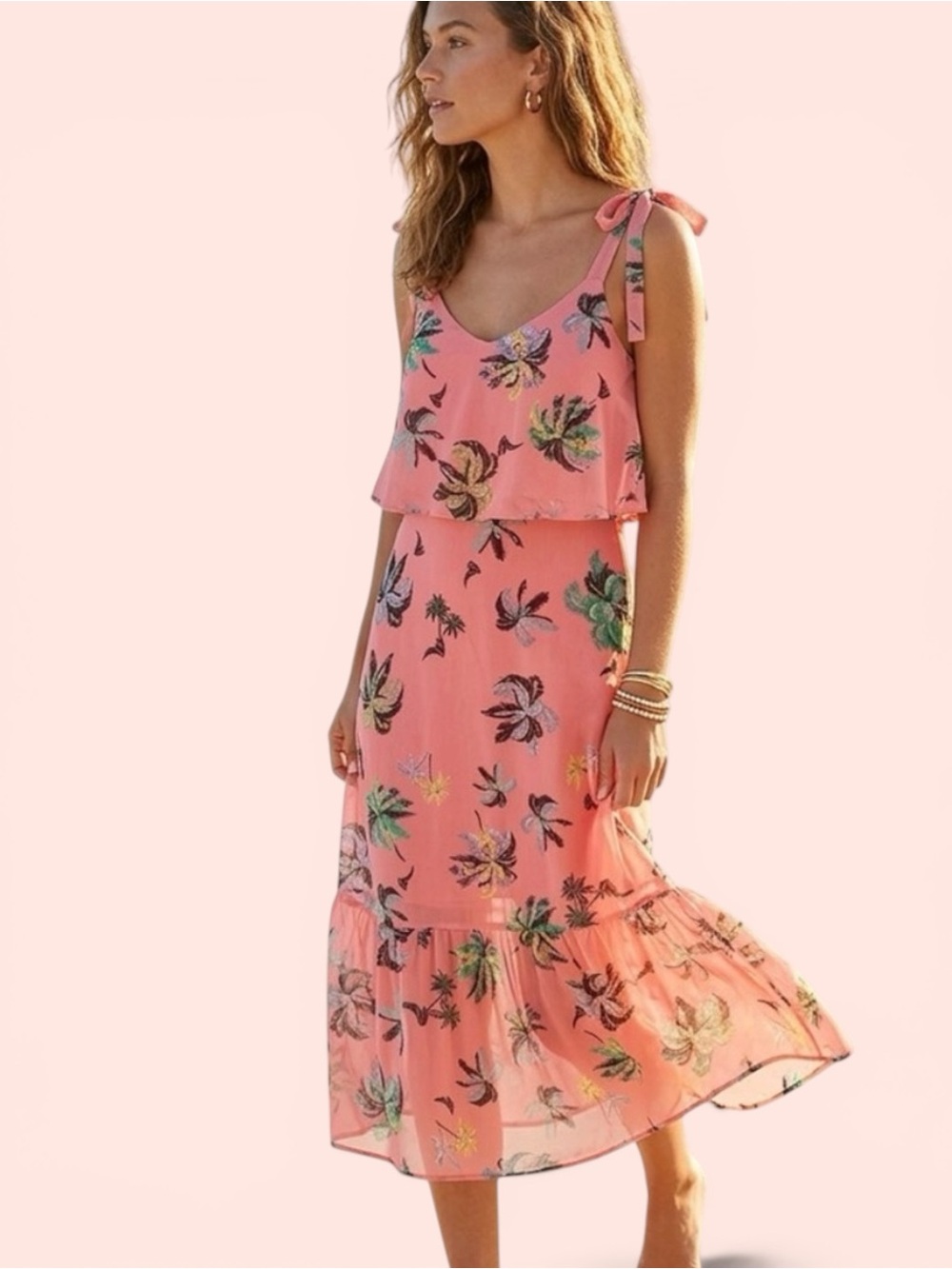 Line & Dot Pink Coral Tropical Floral Midi Dress Small Tie Straps Vacation